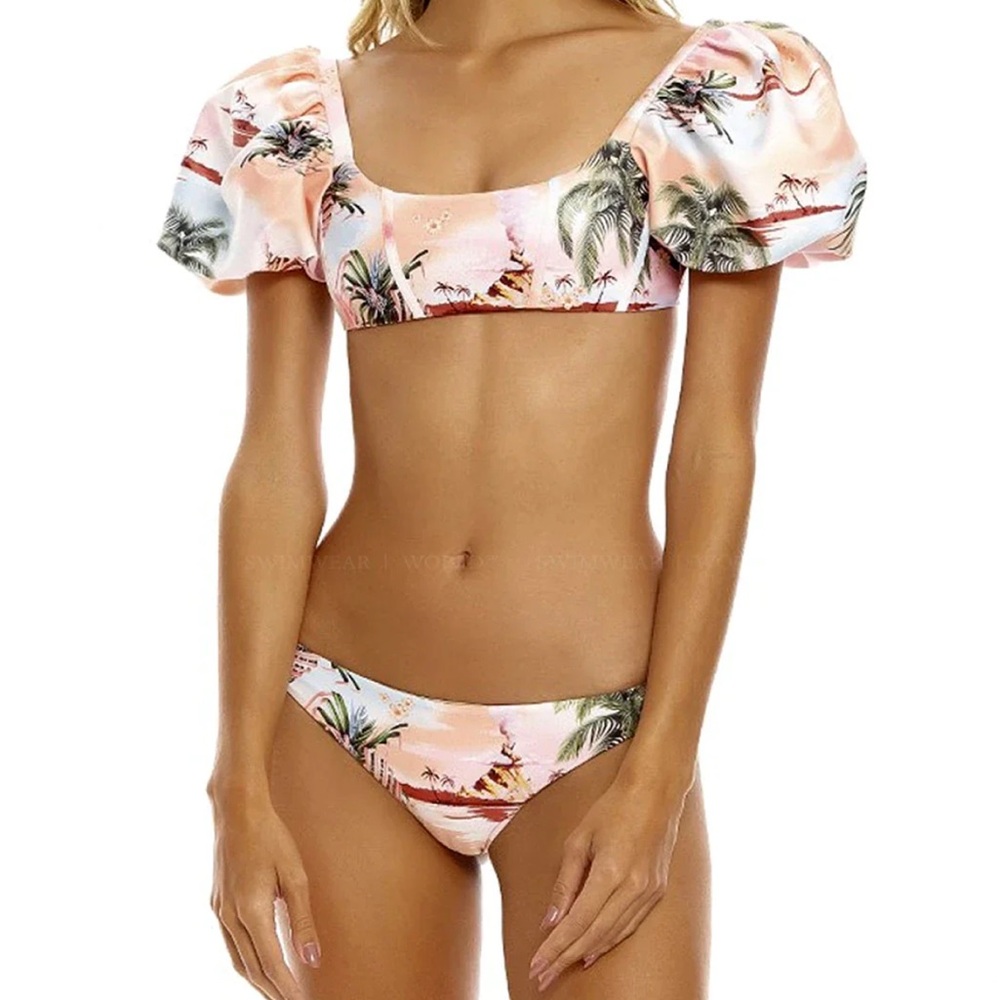Tropical Print Puff Sleeve Bikini